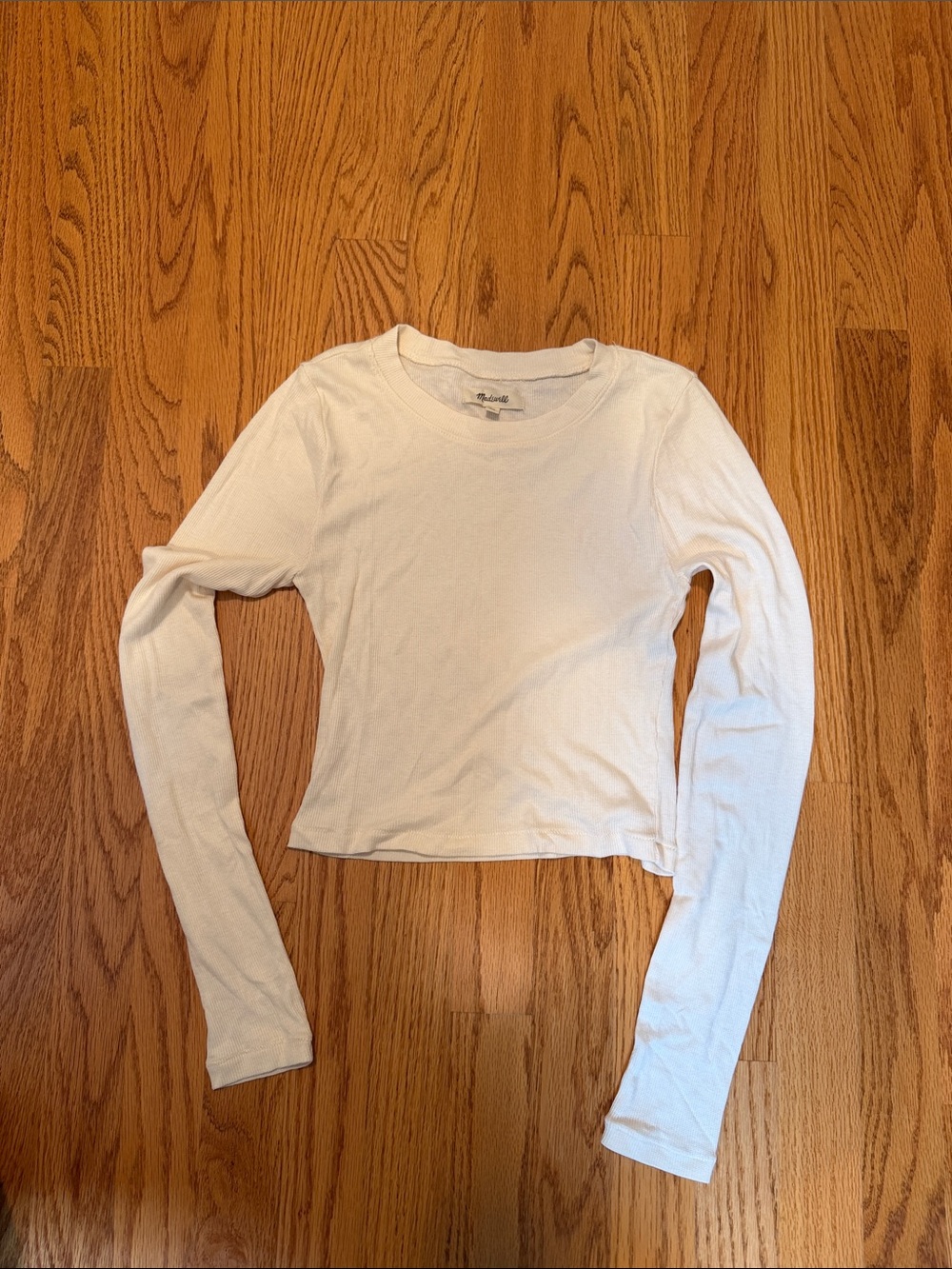 Madewell Fined Ribbed Cream Long-Sleeve Crop Crewneck Top